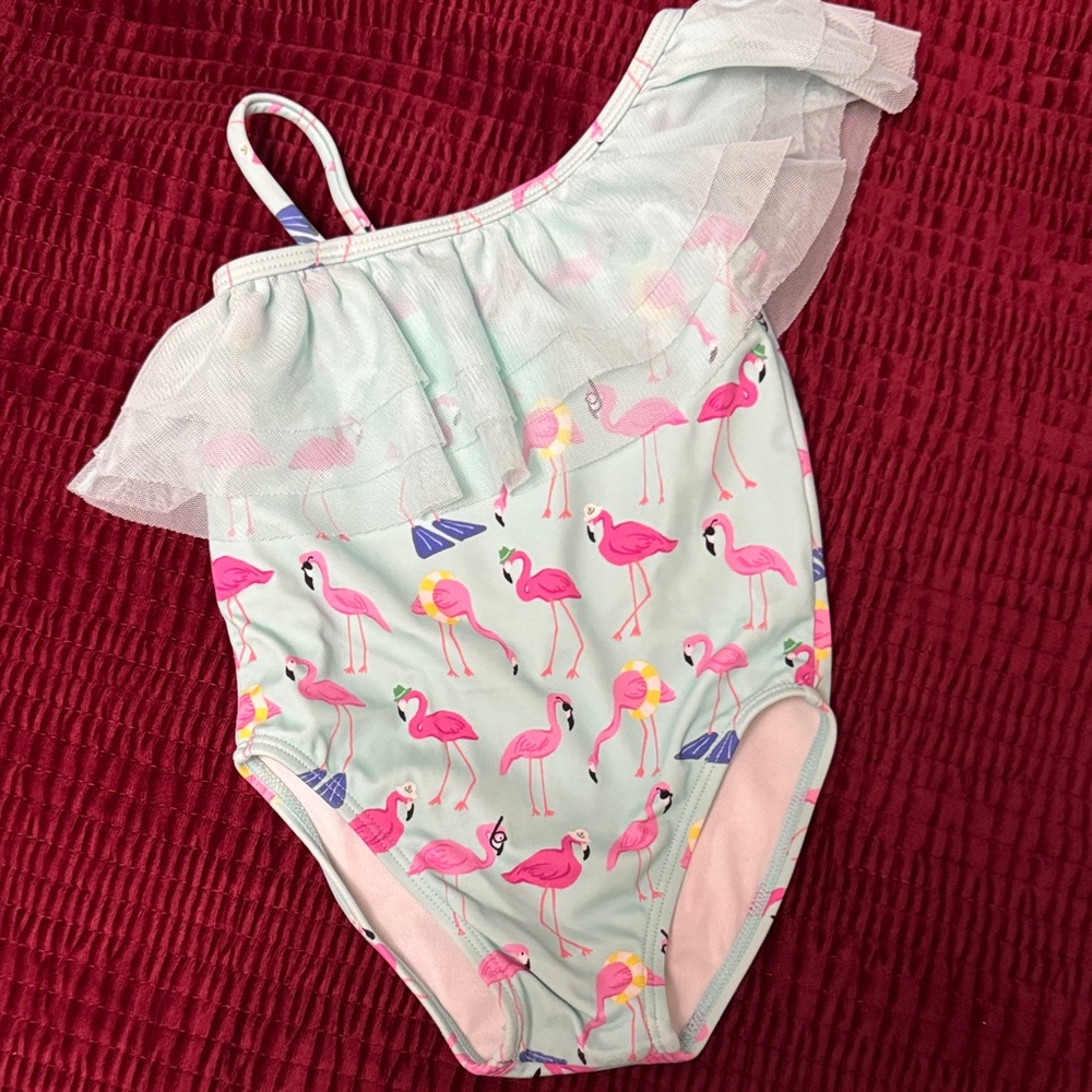 Janie and Jack Flamingo Print One-Shoulder Swimsuit 18-24 Months